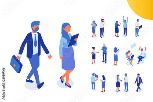 Teamwork. Isomeric business people.  Man and woman. Flat vector characters isolated on white background.