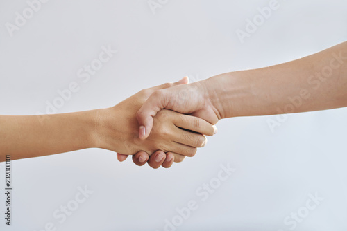 Close-up image of man and woman shaking hands