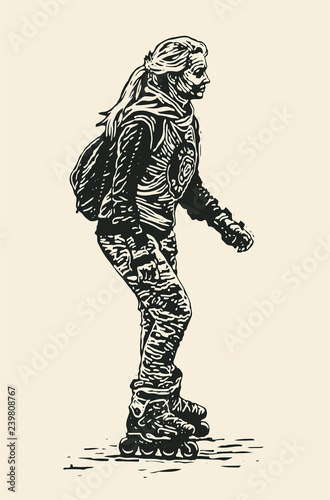 girl on roller skates. engraving style. vector illustration © Jumpingsack