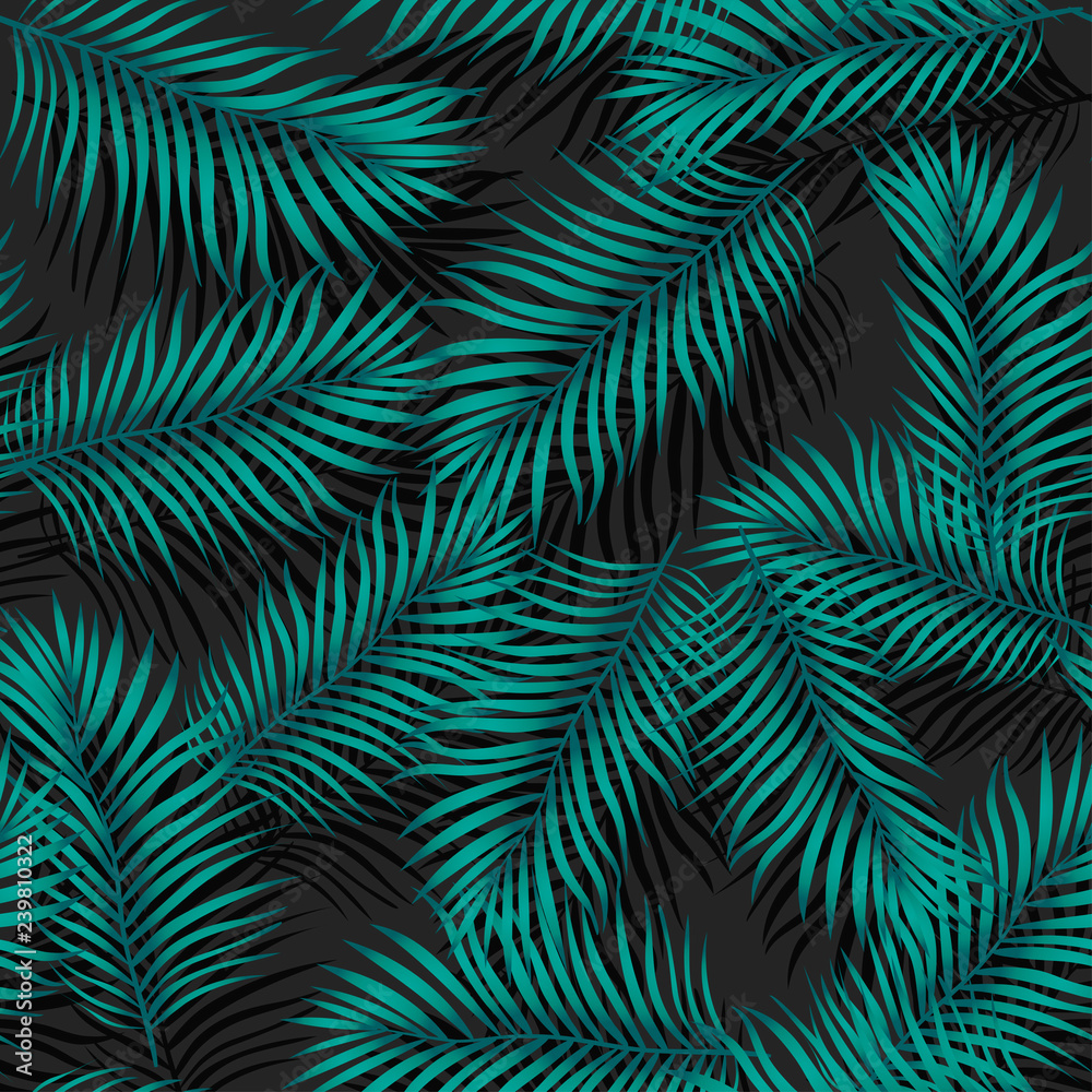 Vector trendy, fashionable seamless pattern. Big green exotic tropical palm leaves of banana or coconut trees on a black background