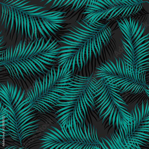 Vector trendy, fashionable seamless pattern. Big green exotic tropical palm leaves of banana or coconut trees on a black background © Olli