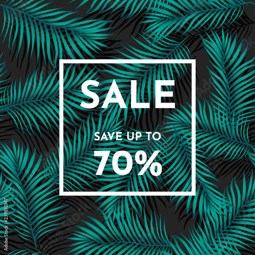 Vector Summer Sale banner. Save up yo 70%. Hot template with isolated pattern green exotic tropical palm leaves on a white background