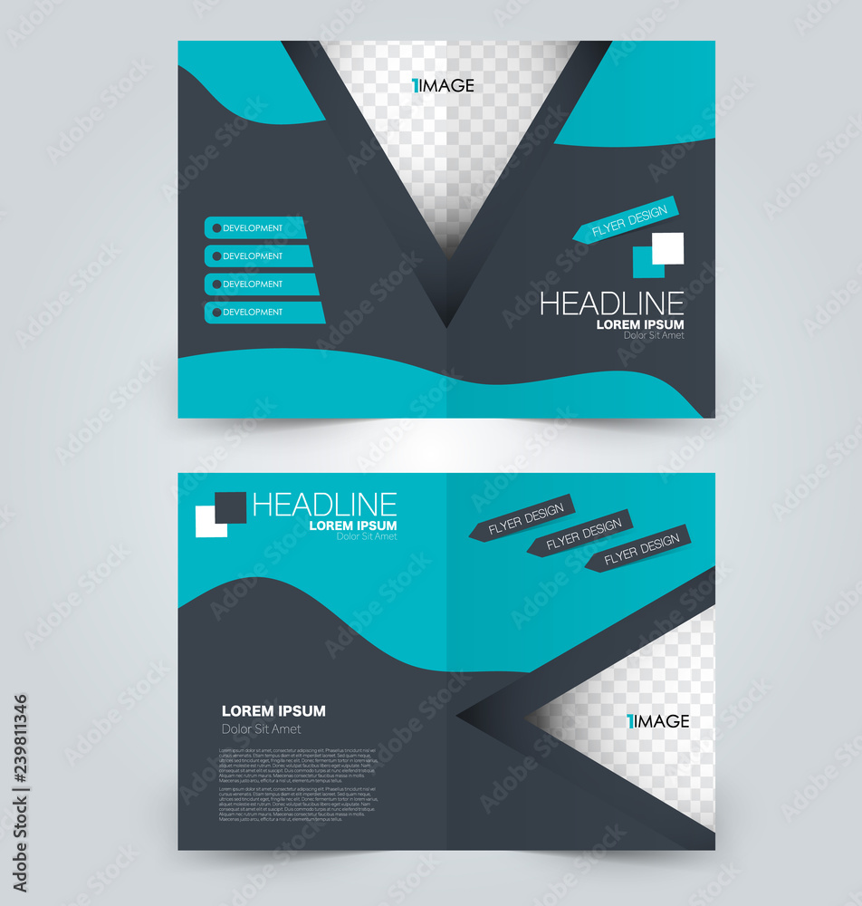 Fold brochure template. Flyer background design. Magazine or book cover, business report, advertisement pamphlet. Blue color. Vector illustration.