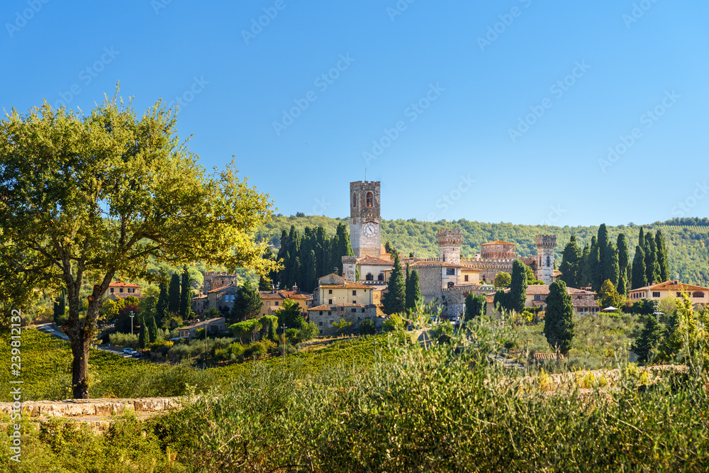 Badia di Passignano, Abbey of San Michele Arcangelo Passignano is historic Benedictine abbey located atop hilltop, surrounded by cypresses. Tuscany. Italy
