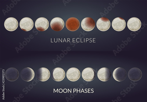 Lunar eclipse phases and Moon phases, vector