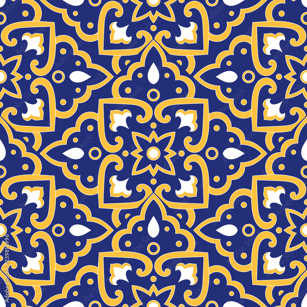 Italian tile pattern vector with scale blue, yellow and white mosaic ornaments. Portuguese azulejos, mexican talavera, spanish or sicily majolica. Texture for kitchen or bathroom flooring ceramic.