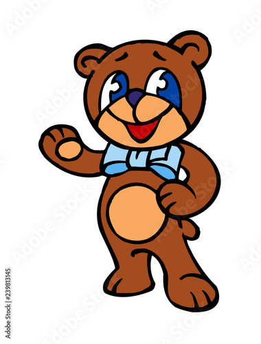 brown teddy bear waving with a blue ribbon on his neck mascot clipart