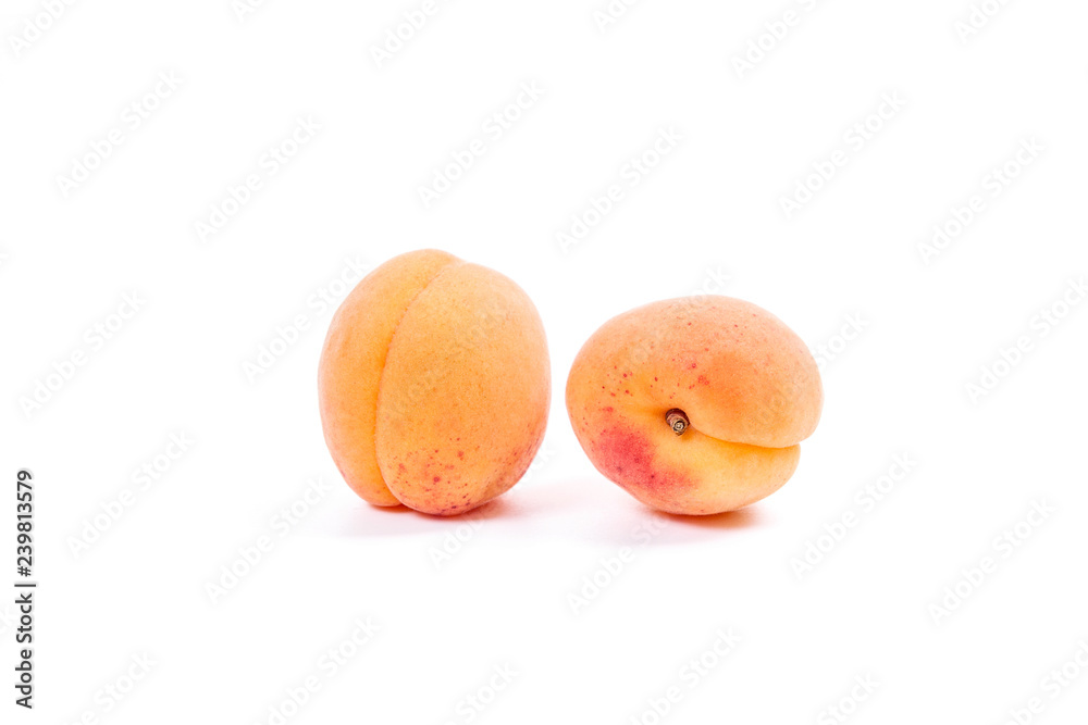 Several of harvested apricots whole and halved on white background.. Several of harvested apricots whole and halved on white background..