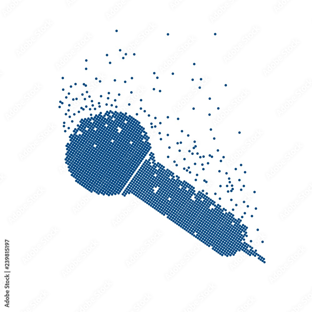 Microphone logo with particles on white background. Isolated pixel mike