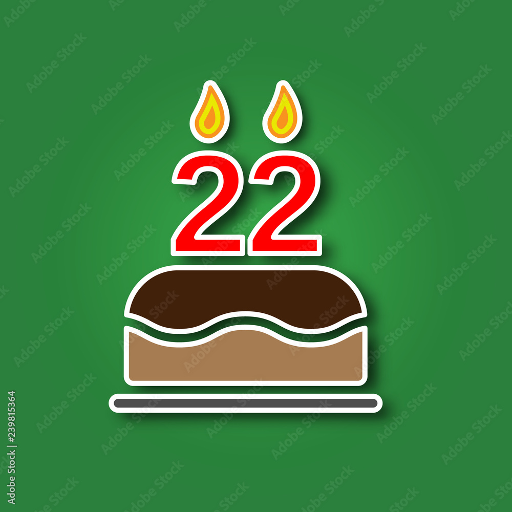 Birthday cake with a candle in the form of a number 22, in the form of a sticker with a shadow icon. Happy Birthday concept symbol design. Stock - Vector illustration can be used for web. Birthday cake with a candle in the form of a number 22, in the form of a sticker with a shadow icon. Happy Birthday concept symbol design. Stock - Vector illustration can be used for web.