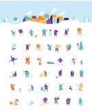 Winter outdoor activities. People have fun. Winter season background people big character set.  Flat vector illustration.