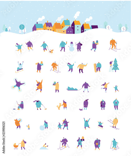 Winter outdoor activities. People have fun. Winter season background people big character set.  Flat vector illustration.