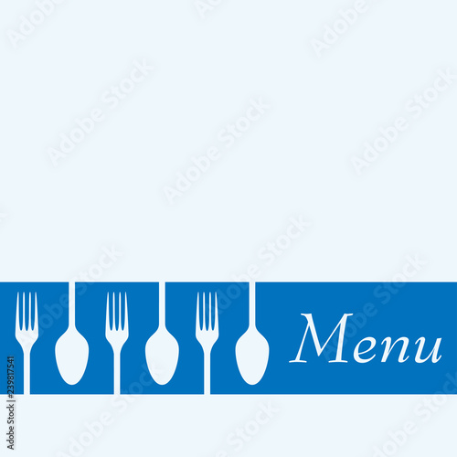 Logotipo con texto Menu y cubiertos en espacio negativo en cinta en color azul
