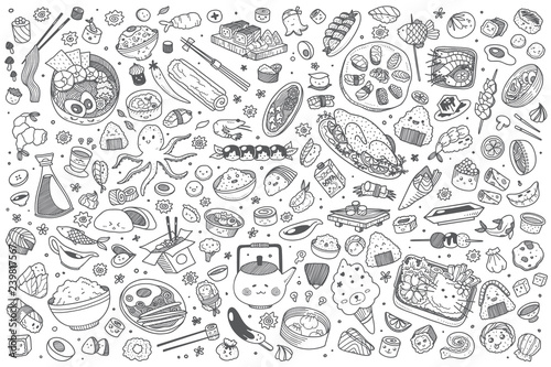 Hand drawn Japanese food set doodle vector background