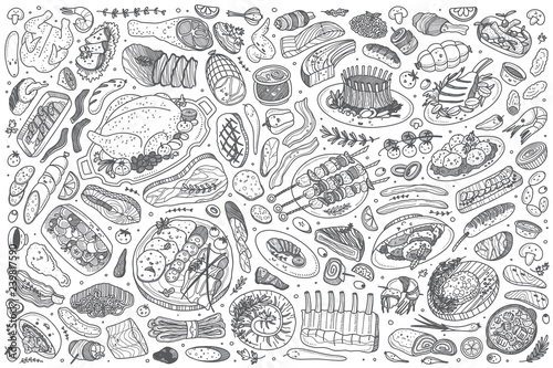 Hand drawn meat dish set doodle vector background