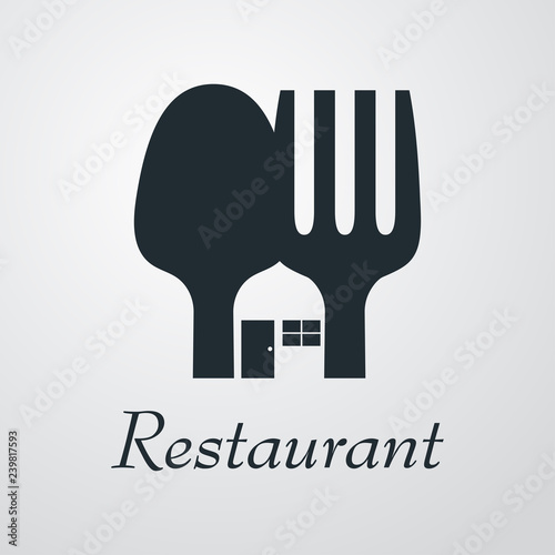 Logotipo Restaurant con cubiertos como vivienda en espacio negativo en fondo gris