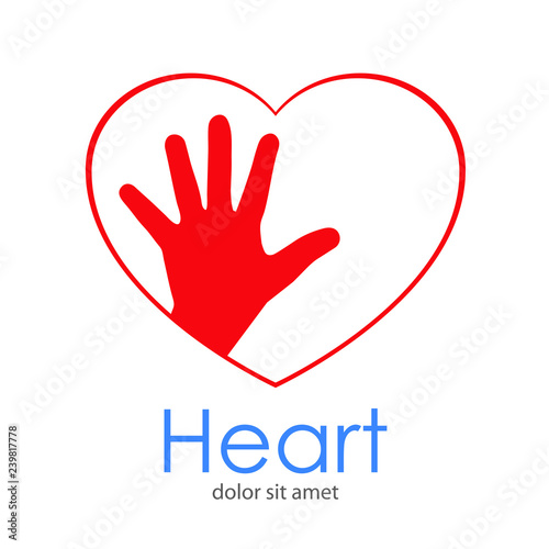Logotipo abstracto con texto HEART con mano en corazón lineal en color rojo