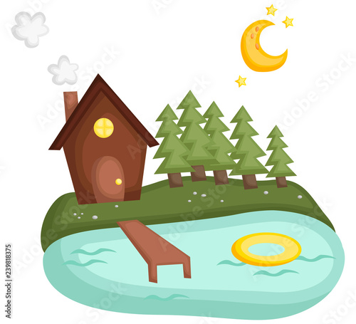 a simple lake cabin with moon and stars