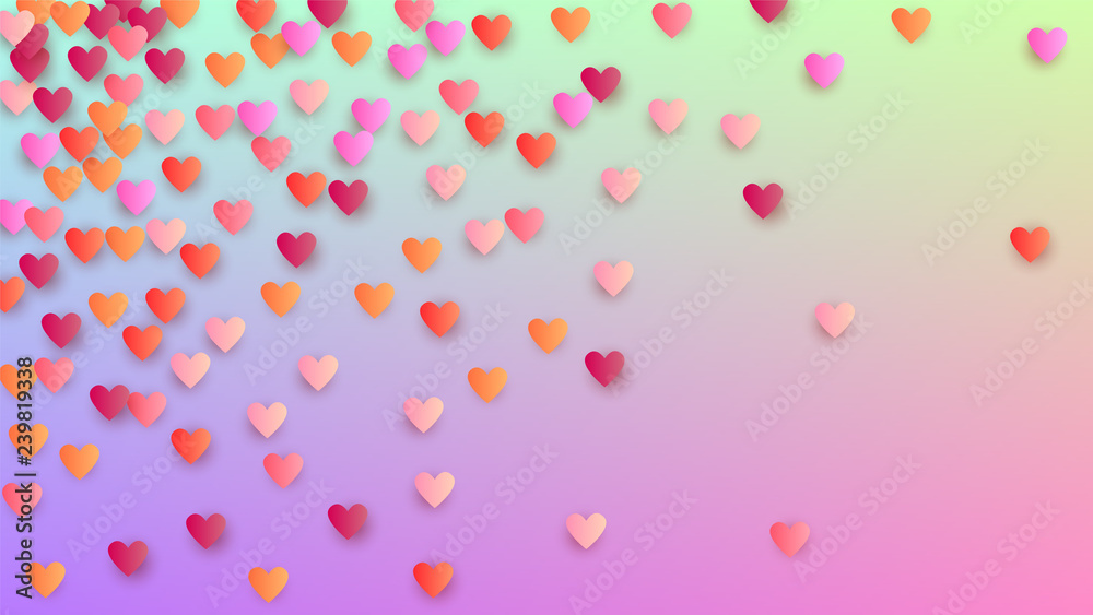 Love Background. Flyer Template. Many Random Falling Pink Hearts on Hologram Backdrop. Heart Confetti Pattern. Vector Love Background.