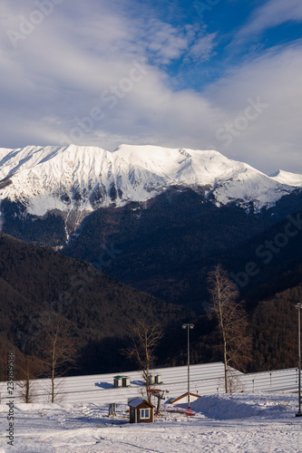 Ski resort in the Caucasus mountains. Caucasus mountains, the beginning of winter