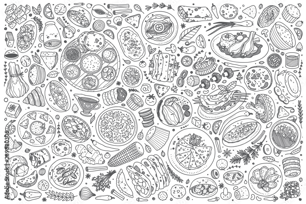 Hand drawn Indian food set doodle vector background