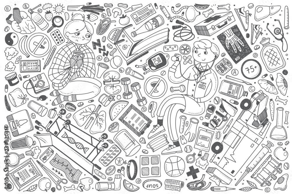 Obraz premium Hand drawn health set doodle vector background