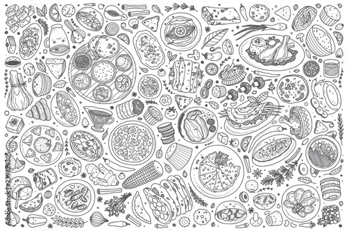 Hand drawn Indian food set doodle vector background