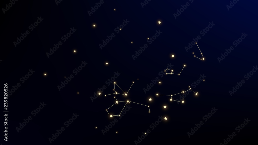 Constellation Map. Night Galaxy Pattern. Astronomical Print. Mystic Cosmic Sky with Many Stars. Vector Constellation Pattern.