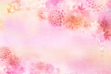 romance roses ,dahlia flowers frame in pink vintage tone with glitter background for valentine and wedding card 