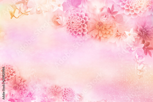 Fototapeta Naklejka Na Ścianę i Meble -  romance roses ,dahlia flowers frame in pink vintage tone with glitter background for valentine and wedding card 