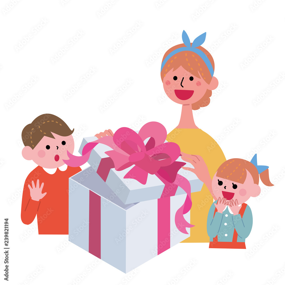 プレゼントを開ける 親子 女性 イラスト Stock Vector Adobe Stock