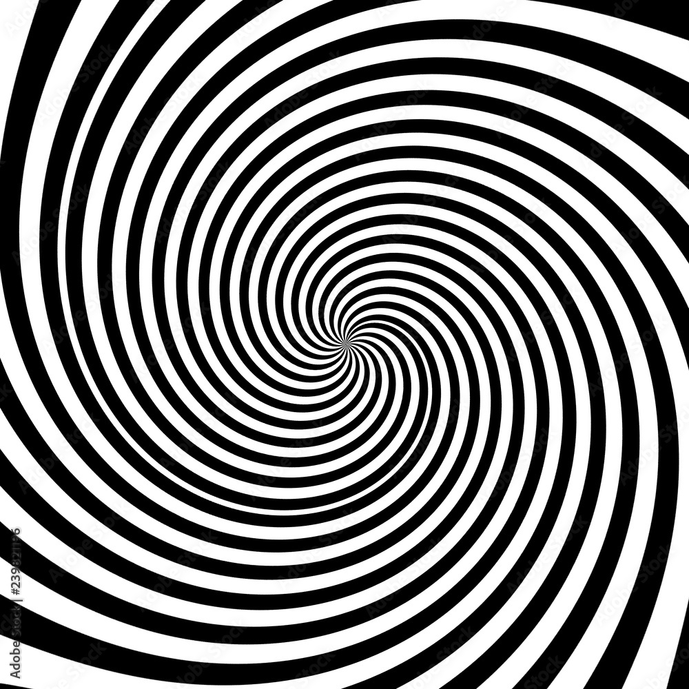 Fototapeta Czarno-białe spiralne paski w tunelu. Tło w stylu Ray Burst, złudzenie optyczne. Element projektu abstrakcyjny wzór. ilustracja linii