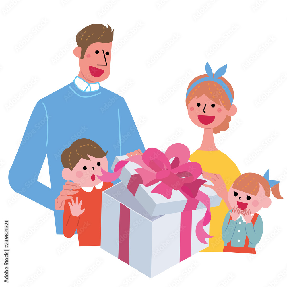  プレゼントを開ける　家族　イラスト