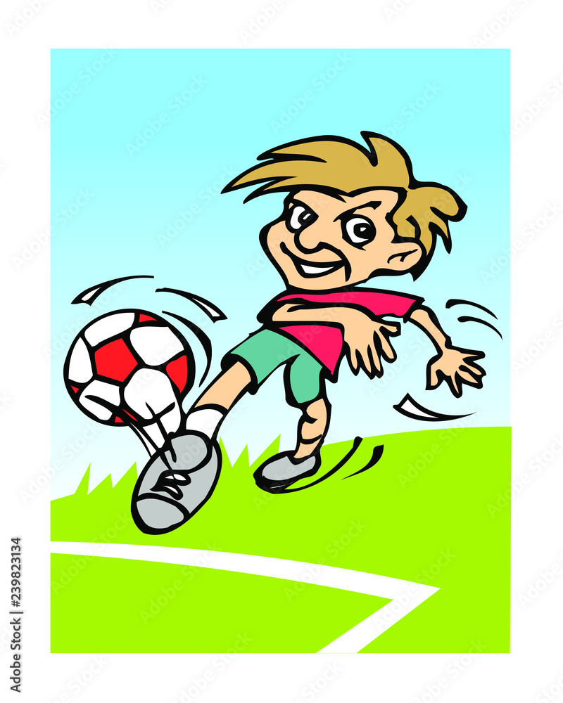 boy football player kicking into the ball on the soccer field boy football player kicking into the ball on the soccer field