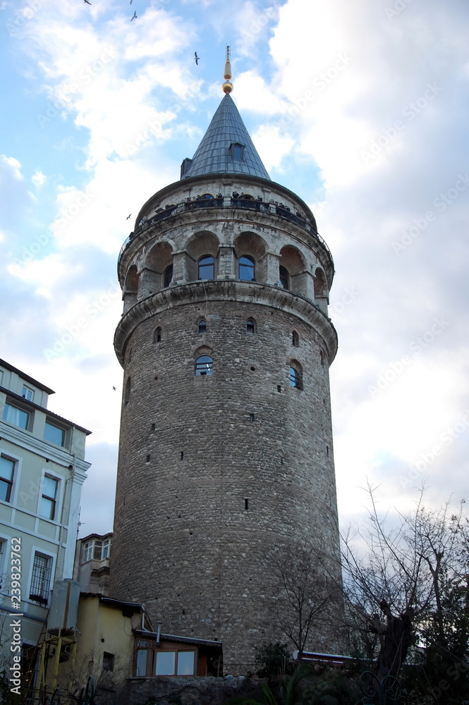 Galata Tower in Istanbul, Turkey. Bottom view