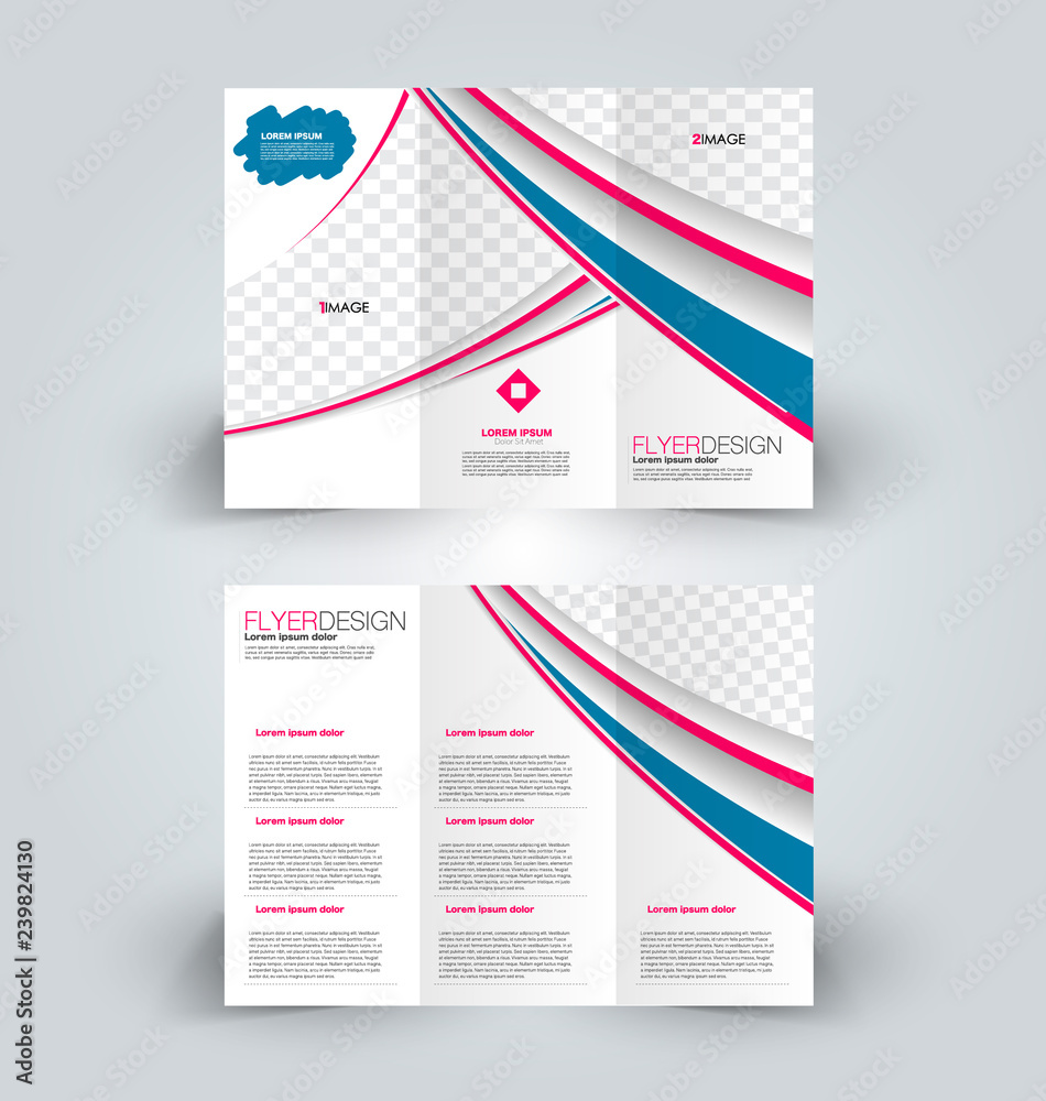 Brochure template. Business trifold flyer.  Creative design trend for professional corporate style. Vector illustration. Pink and blue color.