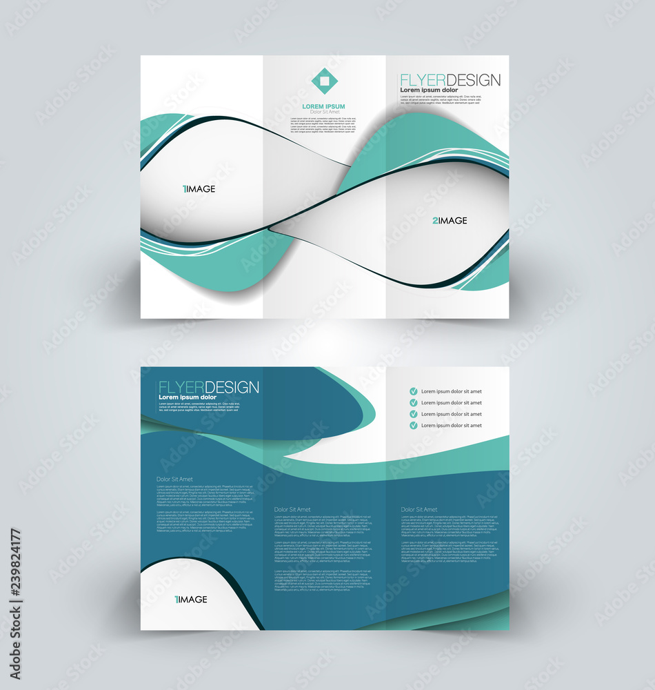 Brochure template. Business trifold flyer.  Creative design trend for professional corporate style. Vector illustration. Blue color.