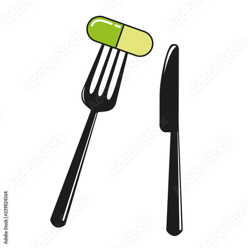 green pill on a fork and knife vector illustration EPS10