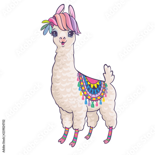 Llama cartoon alpaca. Llama animal vector isolated illustration. Design for card, sticker, fabric textile, t-shirt. Children, child of modern trendy style