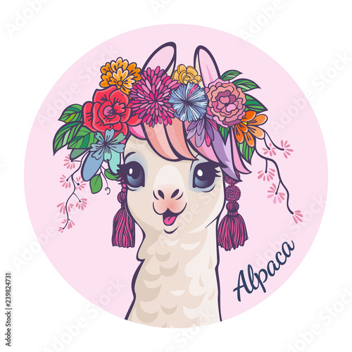 Llama cartoon alpaca. Llama animal vector isolated illustration. Design for card, sticker, fabric textile, t-shirt. Children, child of modern trendy style