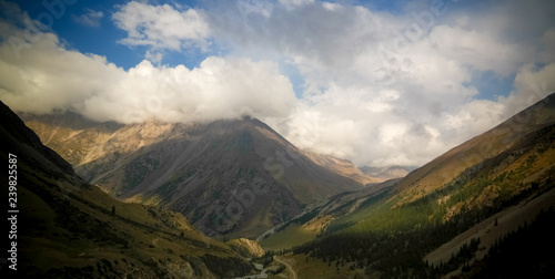 Panoramic view to Barskoon pass  river and gorge and Sarymoynak pass  Jeti-Oguz  Kyrgyzstan