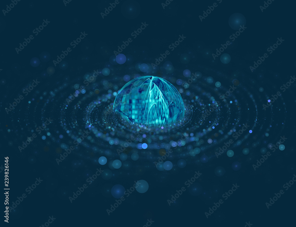 Abstract futuristic 3d illustration of water circles, blue techno background