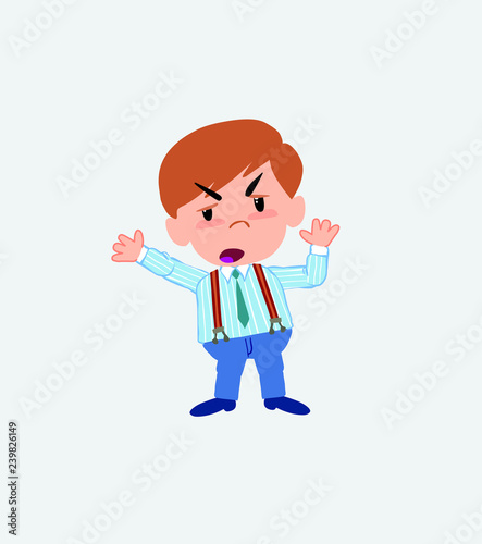 Businessman in casual style argues something with a gesture of discontent.
