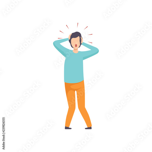 Man suffering from headache, mental disorder, psychiatric, psychological problem vector Illustration