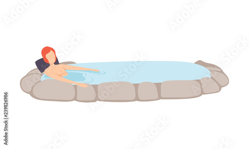 Young man enjoying outdoor thermal spring, guy relaxing in hot water in bath tub vector Illustration on a white background