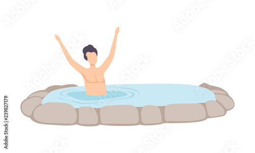 Man relaxing in outdoor thermal spring, guy enjoying hot water in bath tub, spa procedure vector Illustration on a white background