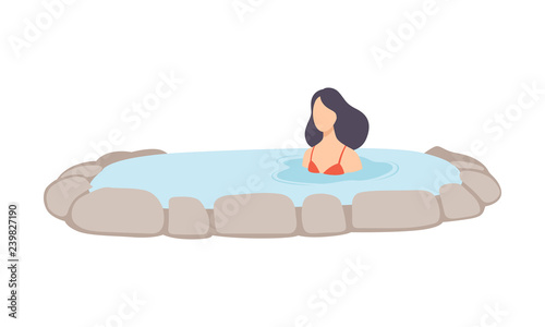 Young brunette woman enjoying outdoor thermal spring, girl relaxing in hot water in bath tub vector Illustration on a white background