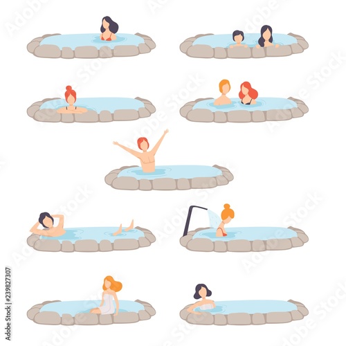 People enjoying outdoor thermal spring set, men and women relaxing in hot water in bath tub vector Illustration on a white background
