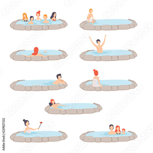 People enjoying outdoor thermal spring set, men and women relaxing in hot water in bath tub, spa procedure vector Illustration on a white background