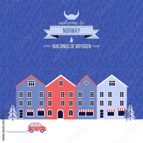 Norwegian travel cartoon vector winter greeting card, Norway landmark Bryggen, Bergen, Scandinavian decorative cityscape flat style, urban landscape for holiday design, poster with european building